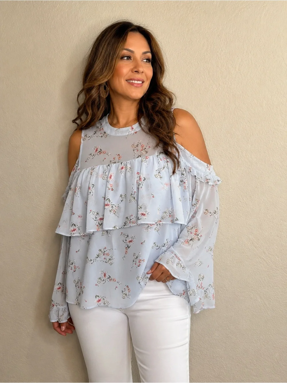 Anthropologie Maeve - Pale Blue Floral Cold-Shoulder Ruffle Blouse